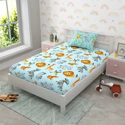 EverHOME Blue Cartoon Characters Cotton160 TC Single Bedsheet with 1 Pillow Cover-image-66