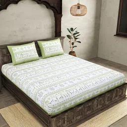 JAIPUR FABRIC Green White Ethnic Motifs Cotton 250 TC King Bedsheet With 2 Pillow Covers-image-69