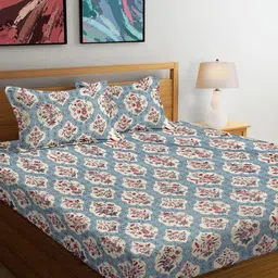 FABINALIV Blue & Beige Floral 300 TC King Bedsheet with 2 Pillow Covers-image-66