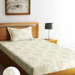 Home Sizzler Cream-Coloured & Blue Geometric 210 TC Single Bedsheet with 1 Pillow Covers-picture-19