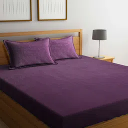 FABINALIV Purple 300 TC Woollen Fitted Double King Bedsheet with 2 Pillow Covers-image-90