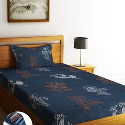 Home Sizzler Navy Blue & White Floral 210 TC Single Bedsheet with 1 Pillow Covers-picture-41
