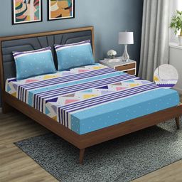Aura Blue & White Geometric 144 TC Queen Fitted Bedsheet with 2 Pillow Covers-image-58