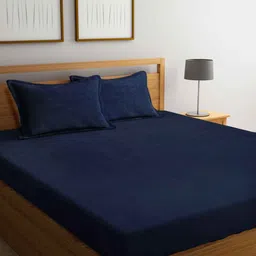 FABINALIV Navy Blue 300 TC Woollen King Size Fitted Double Bedsheet with 2 Pillow Covers-image-25