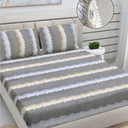 FABINALIV Grey & Blue Striped 300 TC Fitted King Bedsheet with 2 Pillow Covers-image-32