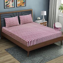 Aura Maroon & White Striped 144 TC Queen Fitted Bedsheet with 2 Pillow Covers-image-45