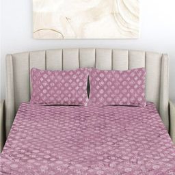 FABINALIV Pink Geometric Fitted 300 TC King Bedsheet With 2 Pillow Covers-13
