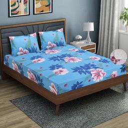 Aura Blue & Pink Floral Microfiber 144 TC Fitted Queen Bedsheet with 2 Pillow Covers-image-79