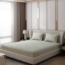 Monte Carlo Essence Green & Peach-Coloured Floral 130TC King Bedsheet with 2 Pillow Covers-61