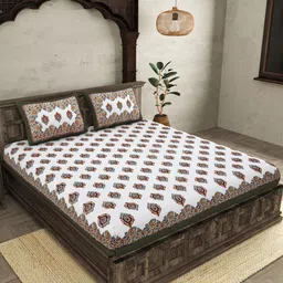 JAIPUR FABRIC White Green Ethnic Motifs Cotton 250 TC King Bedsheet With 2 Pillow Covers-image-28