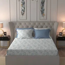 MYTRIDENT White & Blue Floral Printed Pure Cotton 300TC King Bedsheet Sets - 2.74 m x 2.74-6
