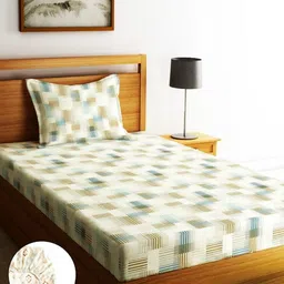 Home Sizzler Beige & Blue Geometric 210 TC Single Bedsheet with 1 Pillow Covers-image-81