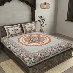JAIPUR FABRIC Flowery Mat Grey & Orange Cotton 210 TC Queen Bedsheet with 2 Pillow Covers-image-13