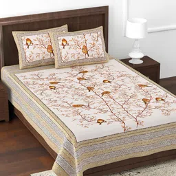 JAIPUR FABRIC Cream & Orange Printed Cotton 180 TC Single Bedsheet with 2 Pillow Covers-image-7