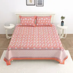 PATRICKO Orange & White Floral 330 TC King Bedsheet with 2 Pillow Covers-picture-10