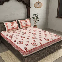 JAIPUR FABRIC Red & White Printed Cotton 210 TC Queen Bedsheet with 2 Pillow Covers-91