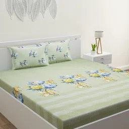 HOME AFFAIRS Green & Yellow Floral 180 TC Pure Cotton King Bedsheet with 2 Pillow Covers-image-87