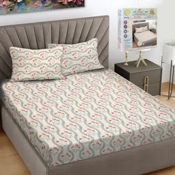 FABINALIV Beige & Green Floral Printed 300 TC Fitted King Bedsheet Set 2.7 m x 2.7 m-9