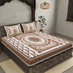 JAIPUR FABRIC Welcome Ganpati Beige Floral Cotton 210 TC Queen Bedsheet & 2 Pillow Covers-92