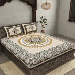 JAIPUR FABRIC White & Mustard Printed Cotton 210 TC Queen Bedsheet with 2 Pillow Covers-image-5