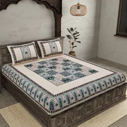 JAIPUR FABRIC Beige & Green Ethnic Motifs Cotton 210 TC Queen Bedsheet & 2 Pillow Covers-7