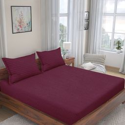 Aura Maroon Striped Cotton 300 TC King Bedsheet with 2 Pillow Covers-image-92