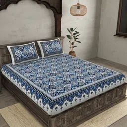 JAIPUR FABRIC Festival Waves Blue & White Cotton 210 TC Queen Bedsheet & 2 Pillow Covers-image-11