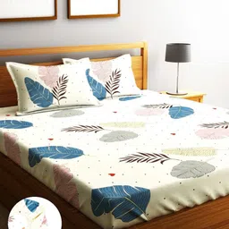 Home Sizzler Cream-Coloured & Blue Floral 210 TC Queen Bedsheet with 2 Pillow Covers-image-85