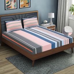 Aura Pink & Grey Geometric 144 TC Fitted Queen Bedsheet with 2 Pillow Covers-image-94