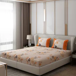 Monte Carlo Essence Orange & Grey Floral 130 TC King Bedsheet with 2 Pillow Covers-image-90