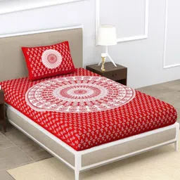 Aura Red & White Floral 120 TC Single Bedsheet with 2 Pillow Covers-picture-38