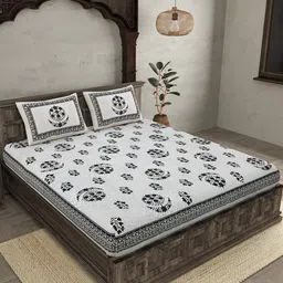 JAIPUR FABRIC Grey & White Ethnic Motifs Cotton 210 TC Queen Bedsheet with 2 Pillow Covers-90
