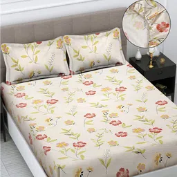 FABINALIV Cream & Red Floral 300 TC Fitted King Bedsheet with 2 Pillow Covers-image-7