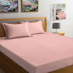 FABINALIV Peach-Coloured Striped 300 TC Fitted King Bedsheet Set 2.7 m x 2.7 m-picture-8