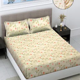 FABINALIV Cream-Coloured Floral 300 TC Fitted Super King Bedsheet with 2 Pillow Covers-image-20