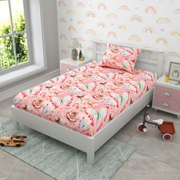 EverHOME Peach Graphic Cotton 160 TC Single Bedsheet with 1 Pillow Cover-image-94