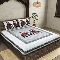 JAIPUR FABRIC Grey White Ethnic Motifs Cotton 250 TC King Bedsheet With 2 Pillow Covers-image-22