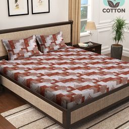KLOTTHE Brown & White 400 TC Cotton Fitted Super King Double Bedsheet & 2 Pillow Covers-image-63