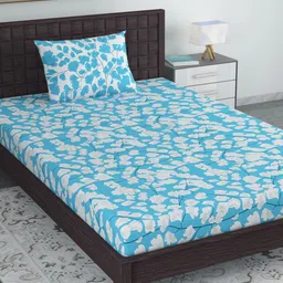 Divine Casa Fusion Blue & White Floral 120 TC Single Bedsheet with 1 Pillow Cover-image-75