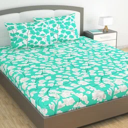 Divine Casa Green & White Floral Printed 120 TC King Bedsheet with 2 Pillow Covers-image-98