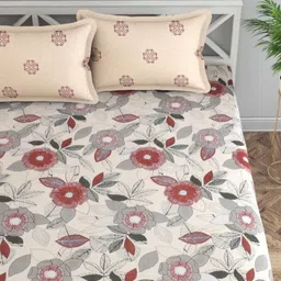 Florida Cream-Coloured Floral Printed 200 TC Microfiber Queen Bedsheet Set 1.82 m x 1.98 m-image-43