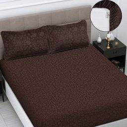 FABINALIV Coffee Brown Floral Woollen 300 TC Fitted King Bedsheet with 2 Pillow Covers-picture-30