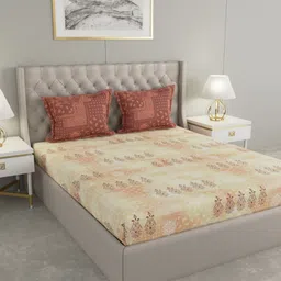 Raymond Home Brown & Beige Floral 120 TC Queen Bedsheet with 2 Pillow Covers-image-74
