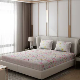 Monte Carlo Essence White & Pink Floral 130 TC King Bedsheet with 2 Pillow Covers-image-85