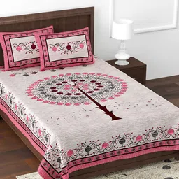 JAIPUR FABRIC Festive Creation Beige Printed Cotton 180 TC Single Bedsheet & Pillow Covers-image-25