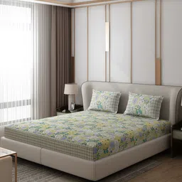 Monte Carlo Essence Mustard & White Ethnic 130 TC King Bedsheet with 2 Pillow Covers-78