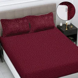 FABINALIV Maroon Floral Woollen 300 TC Fitted King Bedsheet with 2 Pillow Covers-image-72