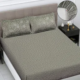 FABINALIV Taupe Floral Woollen 300 TC Fitted King Bedsheet with 2 Pillow Covers-image-79