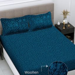 FABINALIV Turquoise Blue Floral Woollen 300 TC King Bedsheet With 2 Pillow Covers-image-75