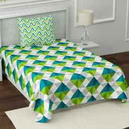 Aura Grey & Green Geometric 120 TC Single Bedsheet with 2 Pillow Covers-image-86